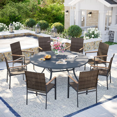 8-Person Patio Dining Set with 60" Round Metal Dining Table and 8 Solid Wood Armrest Rattan Chairs