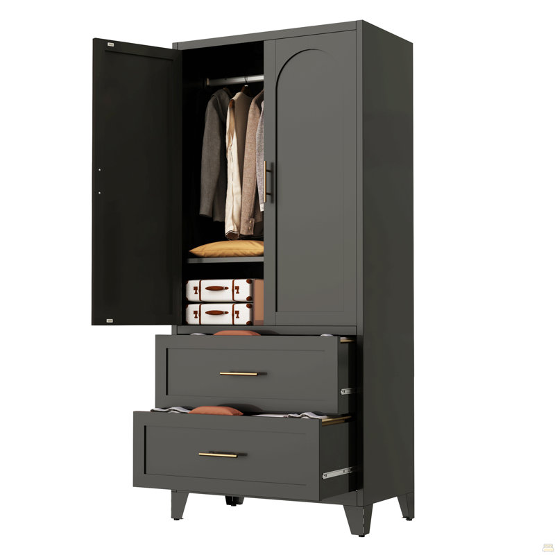 Armoire-penderie de 71 po de hauteur avec 2 tiroirs et une tringle, 2 portes avec garde-robe et tablette, Noir