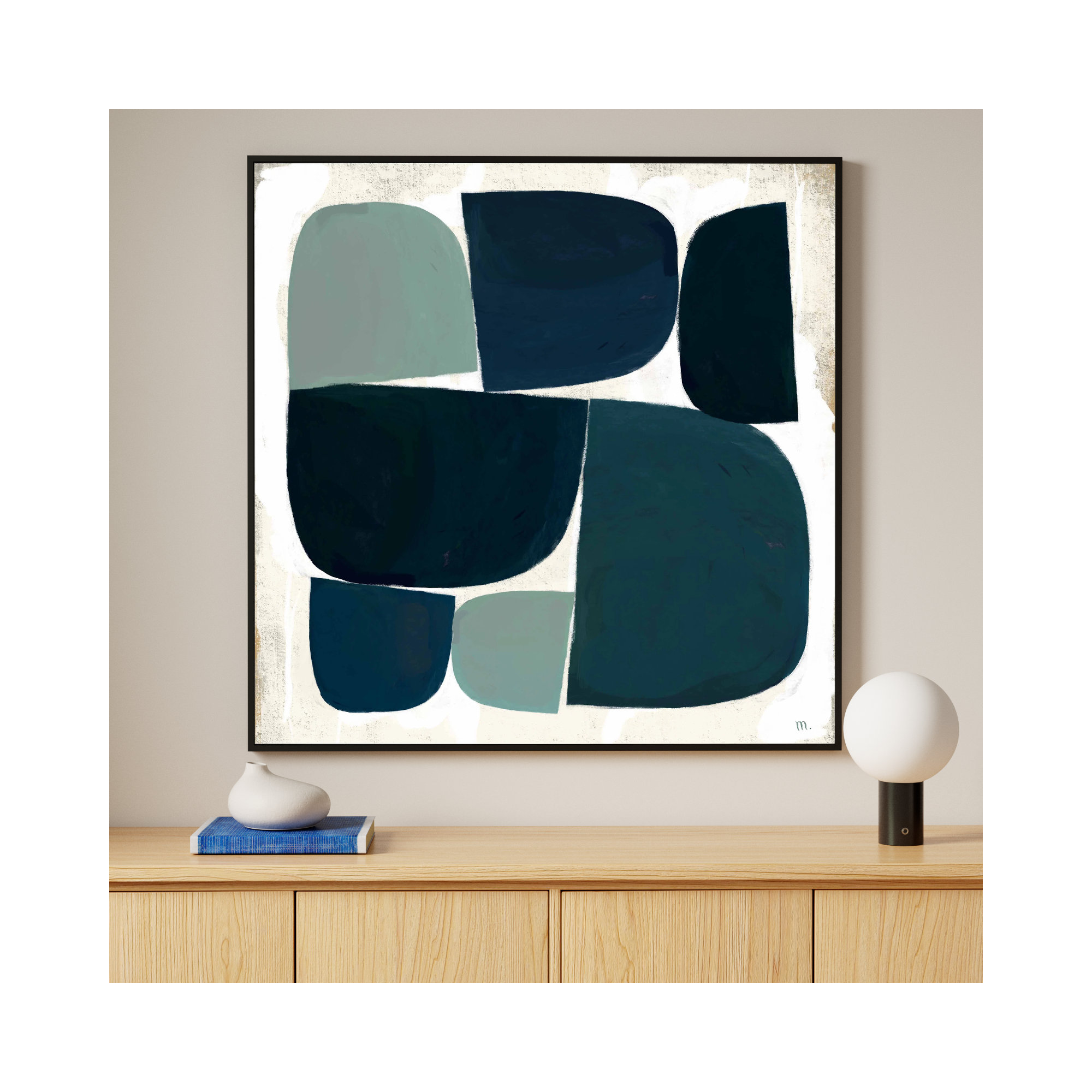 Composizione Di Forme Blue Black With Shadow, 44" H x 44" W x 1.25" D, Black Single Structure Framed Canvas