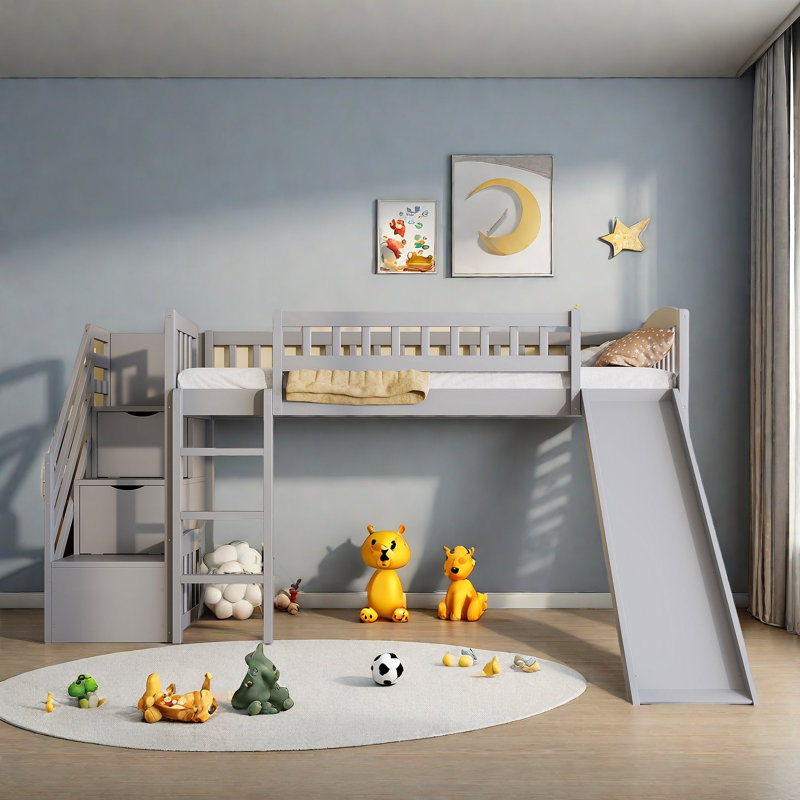Loft Bed With Slide, Storage Stairs And Ladder, Gray