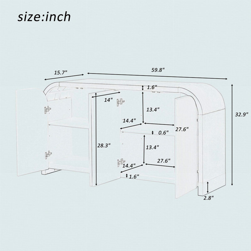 4-Door Curved Corner Design Wavy Door Panel Cabinet With Adjustable Shelves, Suitable, White