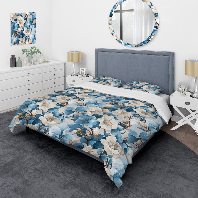 Ensemble de housse de couette à motif floral blanc et bleu Bliss, Housse de couette pour très grand lit et 2 très