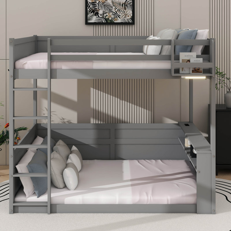 Grand lit superposé avec tablettes intégrées, espace de rangement, éclairage DEL et port USB, gris