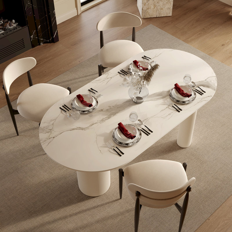 Lexly Pedestal Modern Cream Color Dining Table, Roman Column, 35.4'' W x 71'' L