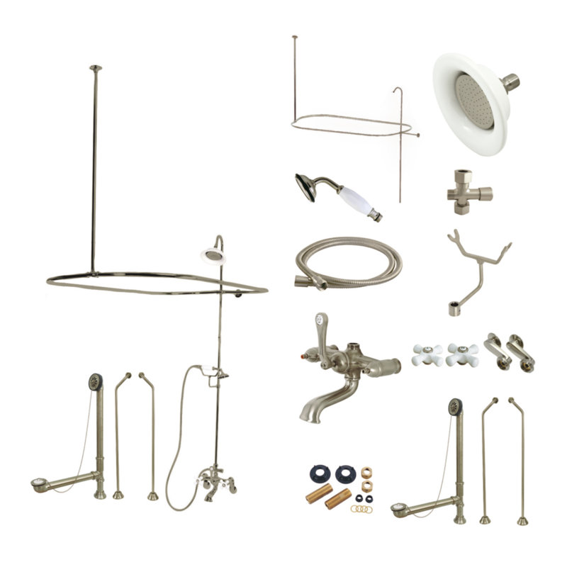 Kingston Brass Vintage Three-Handle 2-Hole Tub Wall Mount Clawfoot Tub Faucet Package with Shower Enclosure and Hand Shower