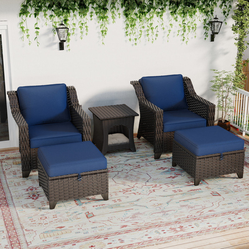 3-Piece Patio Wicker Conversation Set with Storage Ottomans, Outdoor Furniture with Thick Cushions & Side Table, Weather Resistant for Backyard, Porch & Poolside