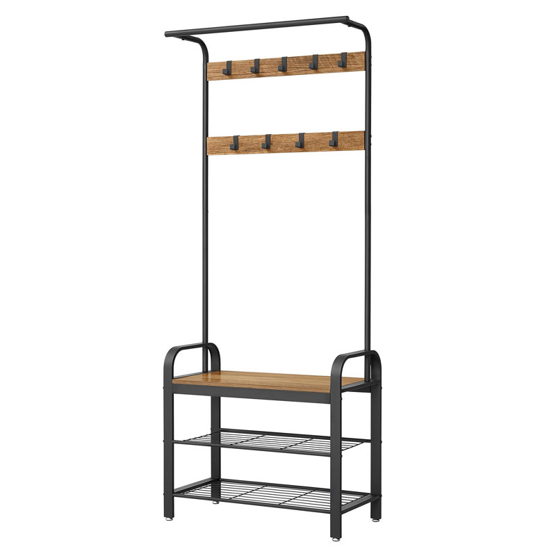 28.3 " Wide Hall Tree with Shoe Storage and Shelves, Rustic Walnut/Black