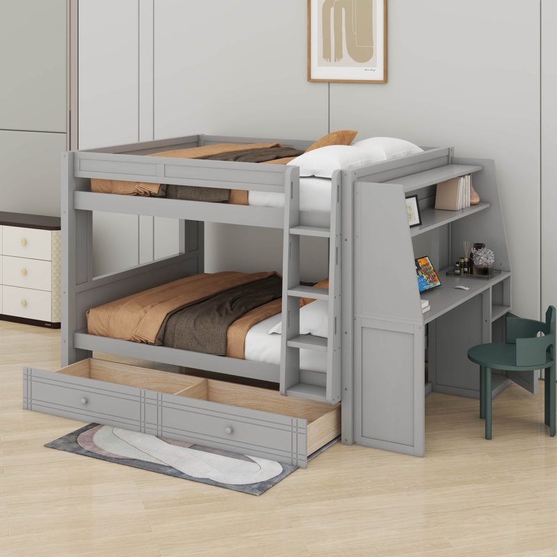 Lit superposé double avec bureau et tiroirs, Gris