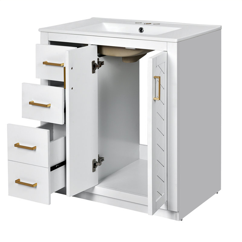 30'' Bathroom Vanity with Ceramic Sink Combo,Solid Wood Frame Bathroom Storage Cabinet, Freestanding Vanity Set with 3 Drawers& Soft Closing Doors