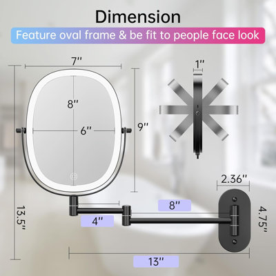 Darianny Modern Metal Oval LED Lighted Magnifying Wall Mounted Vanity Bathroom Makeup Mirror, Black 