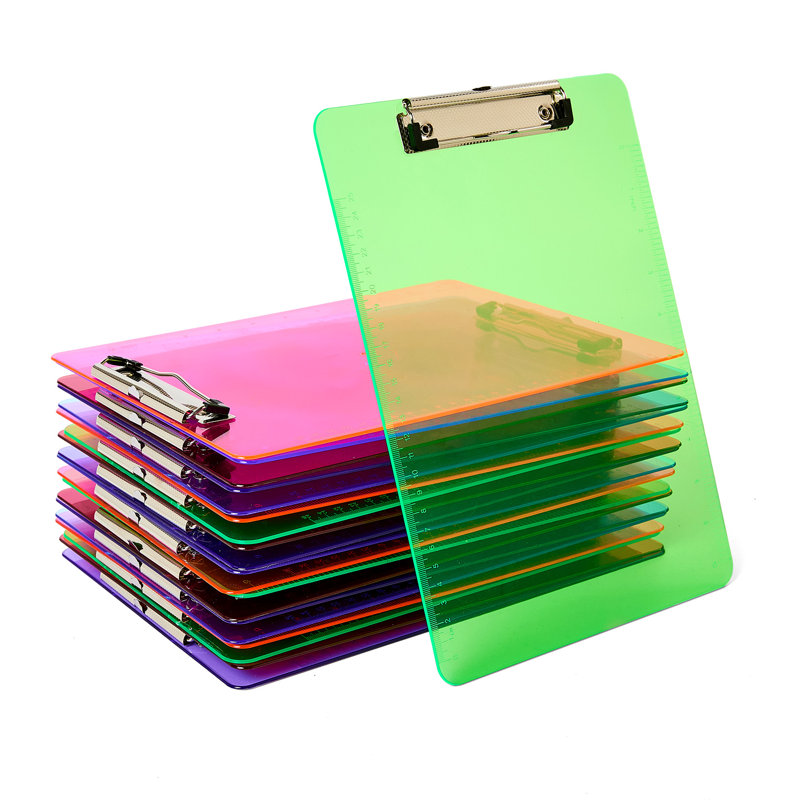 20 Pack Transparent Colourful Plastic Clipboards, Standard A4 Size Clip Board with Ruler for Office School Supplies