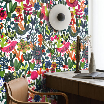 Papier peint floral scandinave à motif floral rose