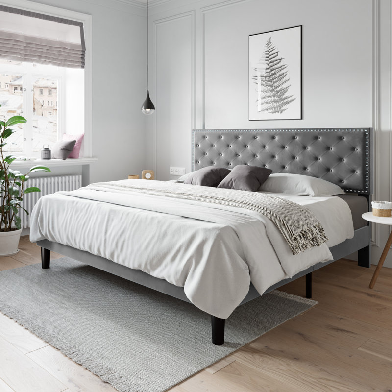Basnett Upholstered Platform Bed, King, Gray