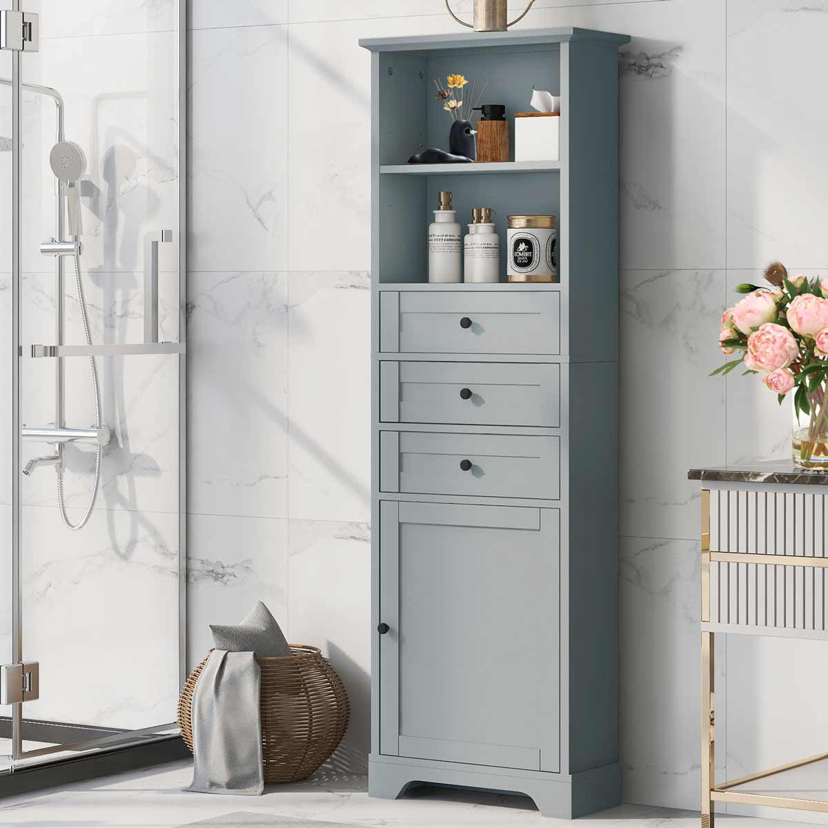 Bathroom Linen Storage Tower Cabinet Elements Acacia - Gray Wood