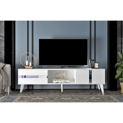 Meuble télé blanc Catena 100% mélamine, panneau de particules 59,1 po x 11,8 po x 29,2 po Catena | Élégants accents argentés | Conception durable et fonctionnelle pour le salon, le centre de divertissement et l'assemblage facile