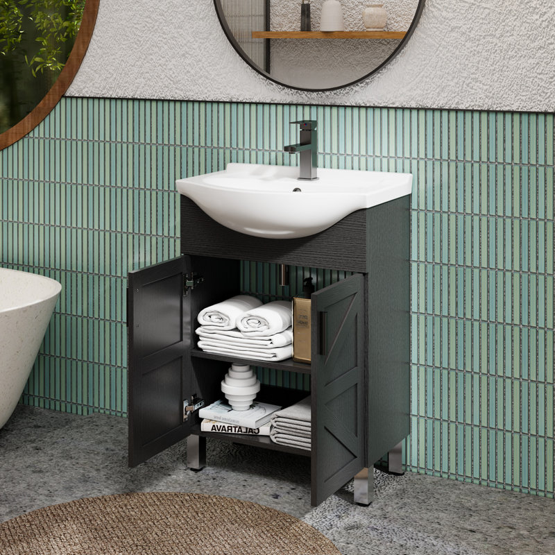 Meuble-lavabo simple autoportant 24 po avec évier en céramique épais, robinet et drain en laiton de 24 po, Black, 24"