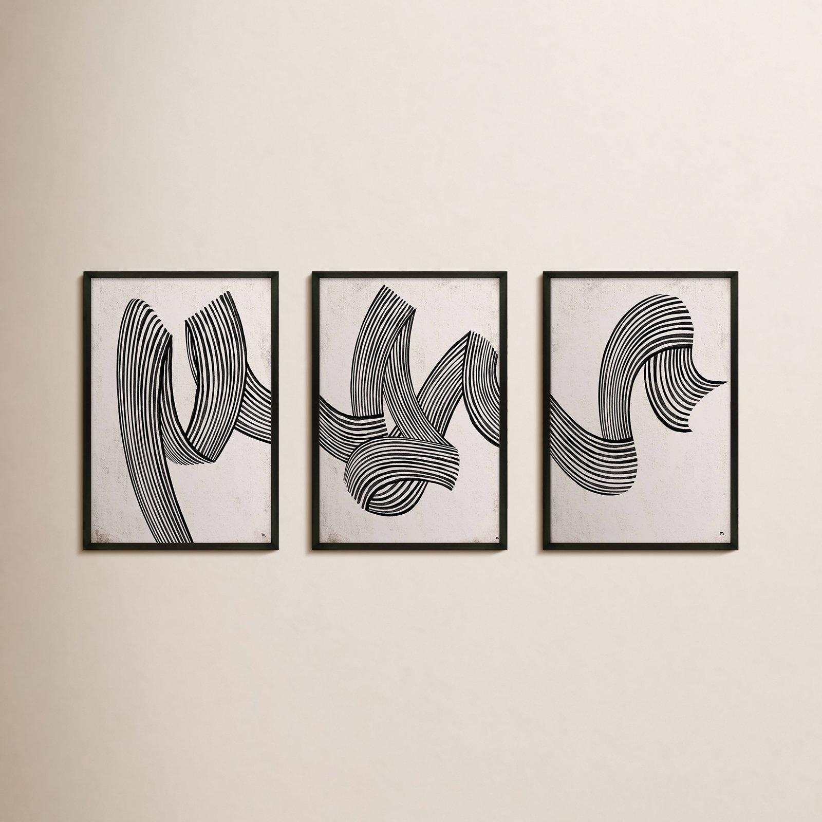Menton "Linework" 3-Piece Print Set, 50" H x 70" W, Black
