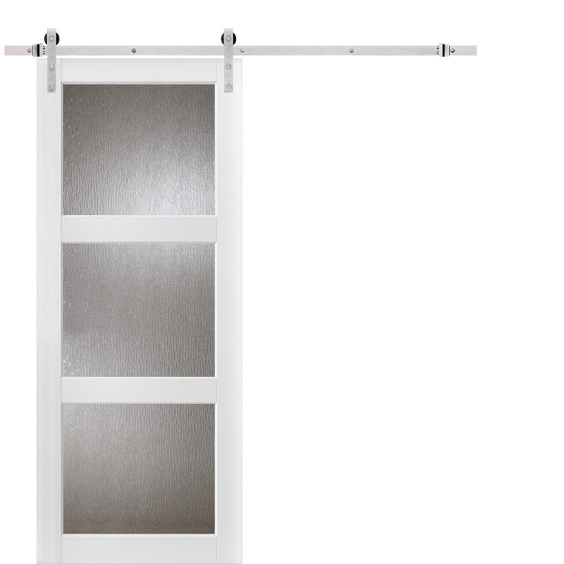 Porte de grange en bois givré blanc Lucia avec trousse de quincaillerie d'installation, 36 po x 84 po, Argent