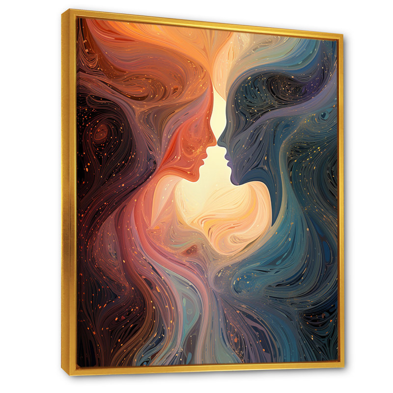 Encre à fusion d'encre, bisous romantiques III - Portrait romantique, H 44 po x l 34 po x P 1,5 po, Cadre flottant doré