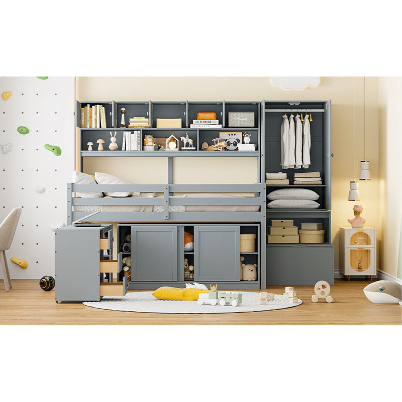 Lit mezzanine pleine grandeur de rangement gris avec espace de rangement, bureau et tiroirs pratiques, Lit double, Gris