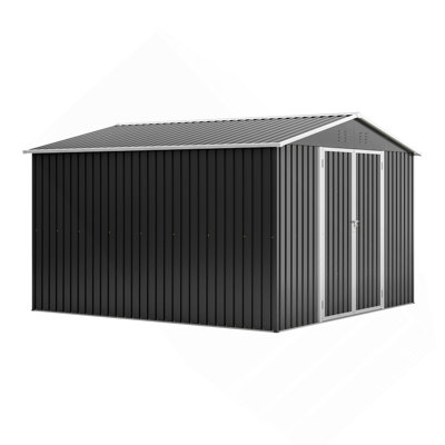 Remise de rangement extérieure 10 pi x 10 pi, rangement utilitaire en métal avec portes verrouillables et structure de cadre actualisée, grande remise de jardin en métal pour la cour arrière, pelouse de patio, noir