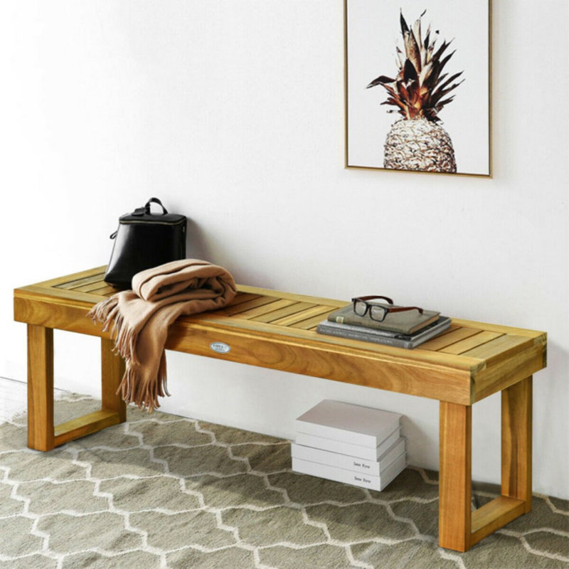 Teak Acacia Wood Slatted Outdoor Dining Bench with U-Shaped Legs