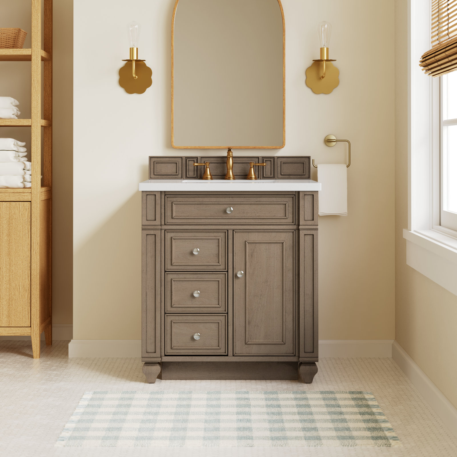 Calisto 30" Single Bathroom Vanity, Whitewashed Walnut, White Zeus, 8" Widespread