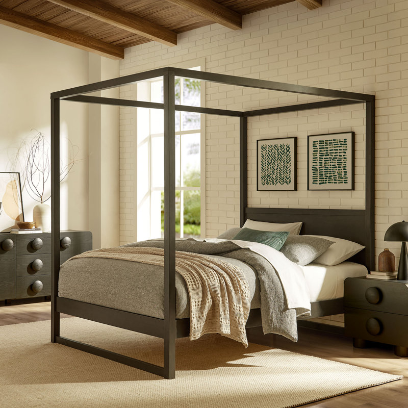 Alva Queen Wood Canopy Platform Bed, Smoked Oak, Queen