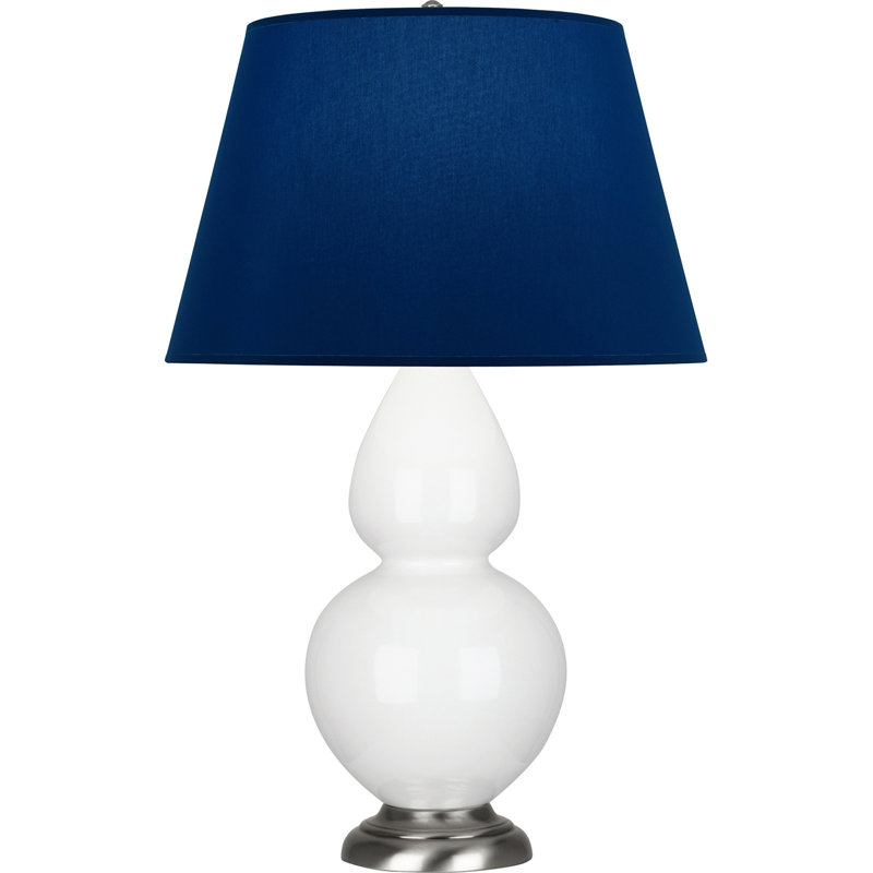 Lampe de table double gourde en céramique, Bleu marine/gris, Marguerite émaillée / argent antique, Argent argent