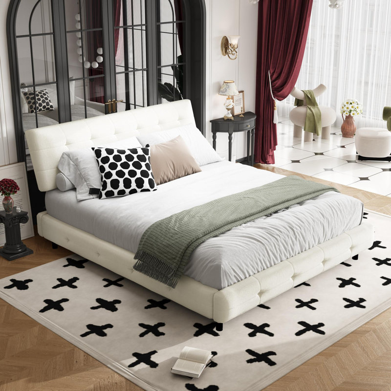 Queen Size Bed Frame with Tufted Headboard, Beige/White, Queen