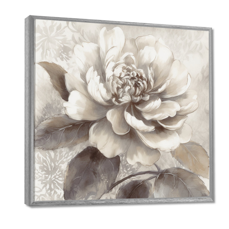 Pivoines grises sur branche II - art mural encadré de pivoines florales pour le salon, H 36 po x l 36 po x P 1,5 po