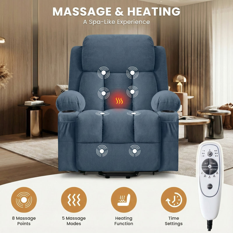 Fauteuil inclinable électrique ultra doux avec chaleur et massage, Bleu