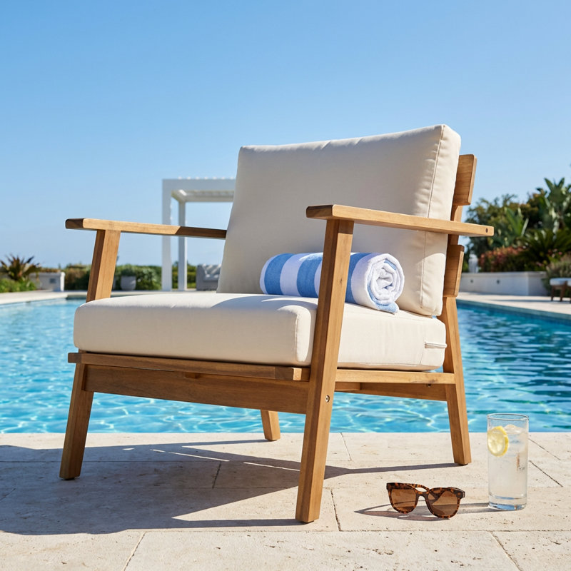 Mid-Century Modern Solid Hardwood Outdoor Club Chair with Weather-Resistant Cushions and Ergonomic Armrests