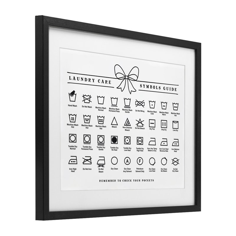 «Laundry Care Symbols Guide», impression encadrée sous verre, design avec lettres et doublure, H 13 po x l 16 po