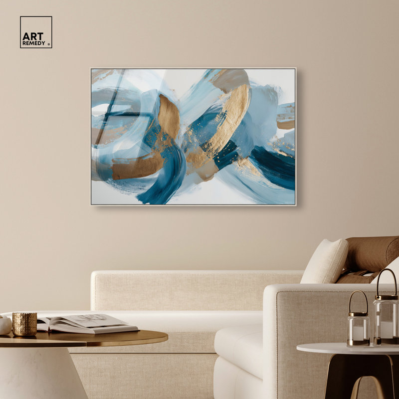 "Blue Tide II", reproduction d'art acrylique encadrée bleue et dorée par Art Remedy, cadre argenté, 54 x 36