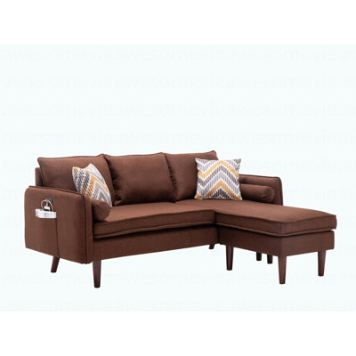 70"W Brown Sectional Sofa Chaise With USB Charger & Pillows