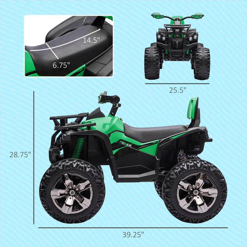 VTT à piles avec musique et phares, 4 roues électriques pour tout-petits en vert classique, 39,4 de long, capacité de 66 lb
