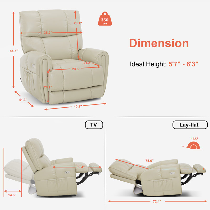 Lay Flat Power Recliner Chair with Heat and Vibration, Infinite Position, Faux Leather, Cream