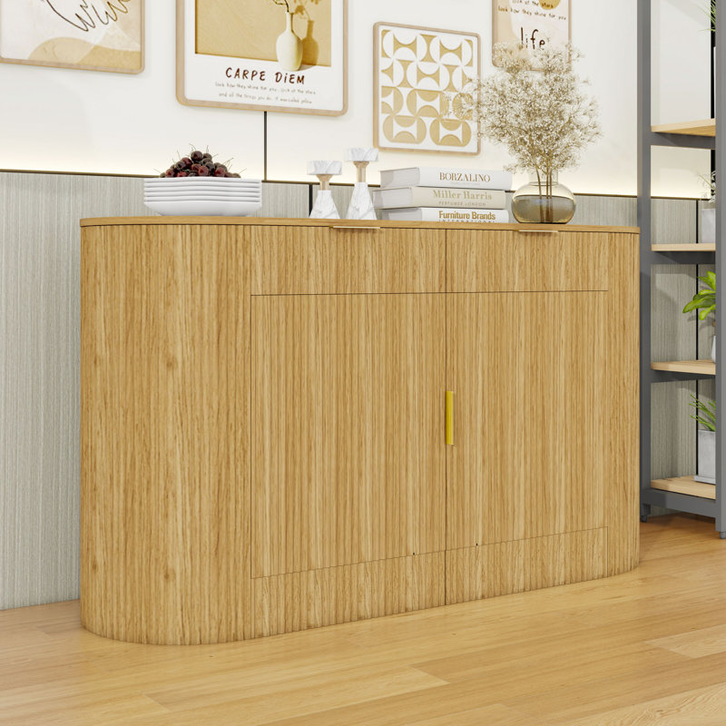 Modern Sideboard with 2 Drawers, Curved Doors, 3-Tier Shelves and Storage Cabinet, Natural