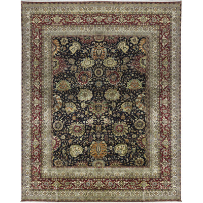 Tapis rouge, brun et bleu marine noué à la main de haute qualité