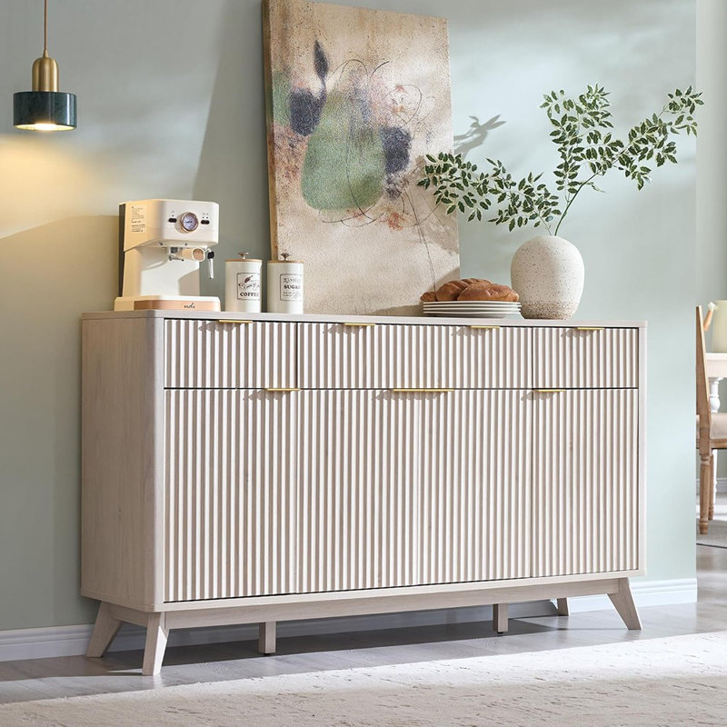 Armoire de rangement cannelée moderne - Buffet buffet avec 4 portes et 3 tiroirs pour salle à manger, salon, couloir, aulne blanc