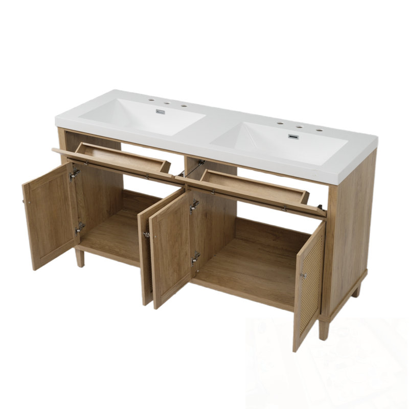 Meuble-lavabo de salle de bain avec double lavabo, 2 tiroirs rabattables et 4 portes à fermeture douce, Naturel