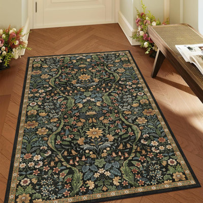 Washable Area Rug - Vintage Boho Botanical Low-Pile Rug