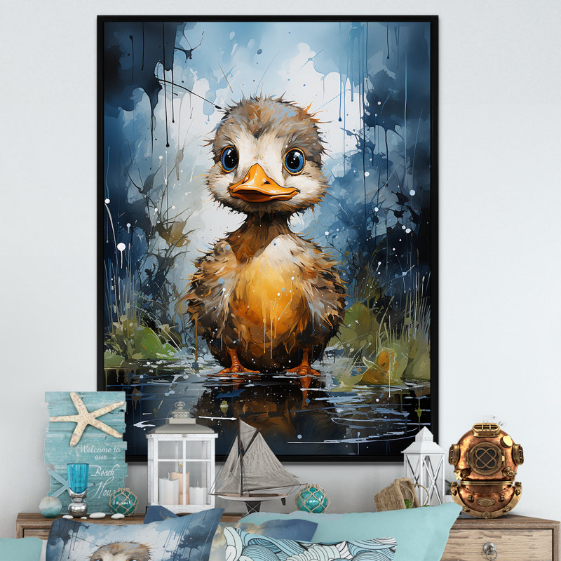 Mignon canard bleu et jaune pour chambre de bébé, Cadre flottant noir, 32" H x 16" W