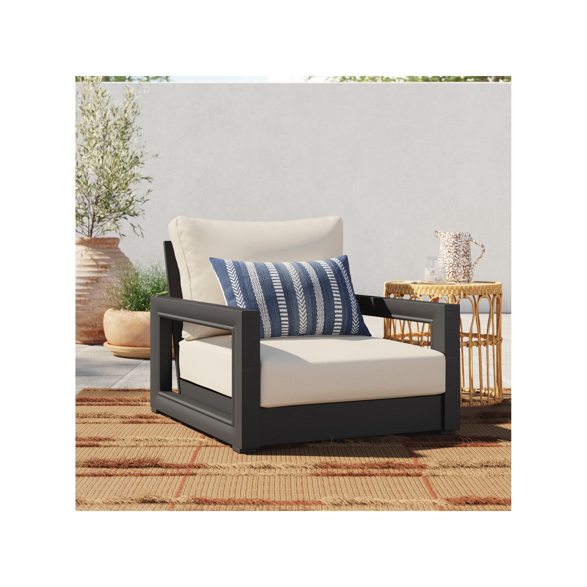 Positano Embroidered Indoor/Outdoor Lumbar Pillow Cover, Blue/Ivory, Polyester/Polyfill
