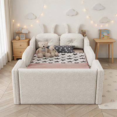 Twin Size Upholstered Platform Bed with Rabbit Cushion, Kids Floor Bed with Removable Side Rails – Low-Profile Safety Bed Frame for Toddlers, White