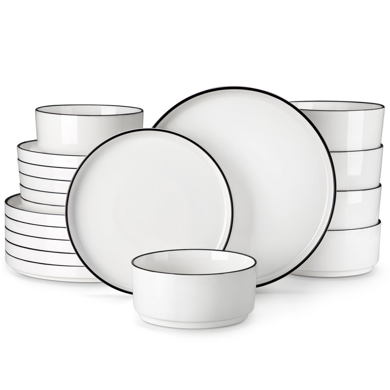 Service de table moderne en porcelaine 18 pièces, service pour 6 18 pièces, Ivoire / blanc / noir