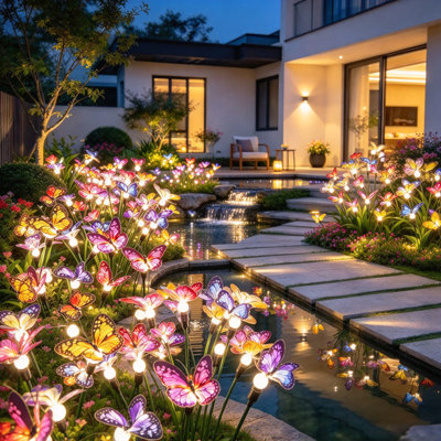 Ensemble de 2 lampes solaires papillon lucioles, 6 têtes, lumière chaude, à planter à l'extérieur, résistantes aux intempéries, pour jardin, allée, terrasse et parterre de fleurs.