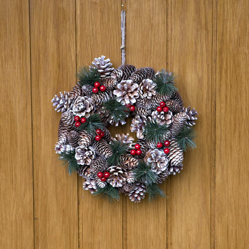 Christmas Hanging Wreath- Festive Pine Cone Display with Subtle White Frosting, 30cm x 30cm