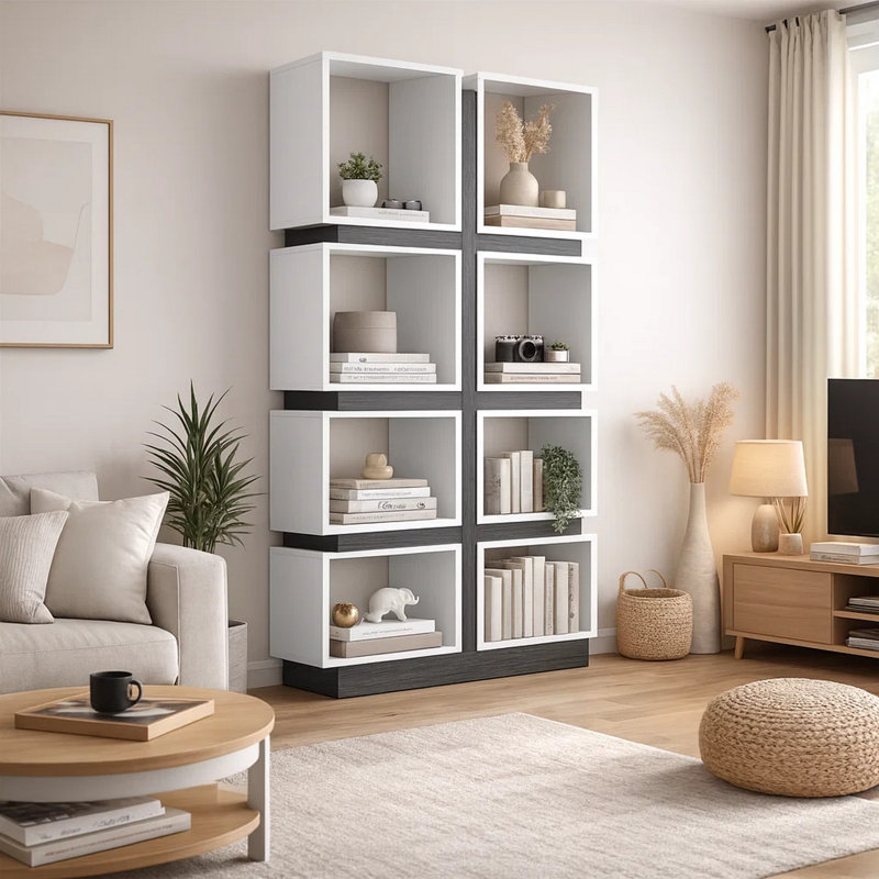 Mony 71 Inch Bookshelf, 8 Square Cube Shelves, Plinth Base, White Gray